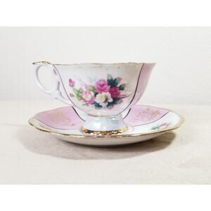 LIPPER & MANN Japan Teacup Saucers Bone China 80a White Pink Japan Vintage